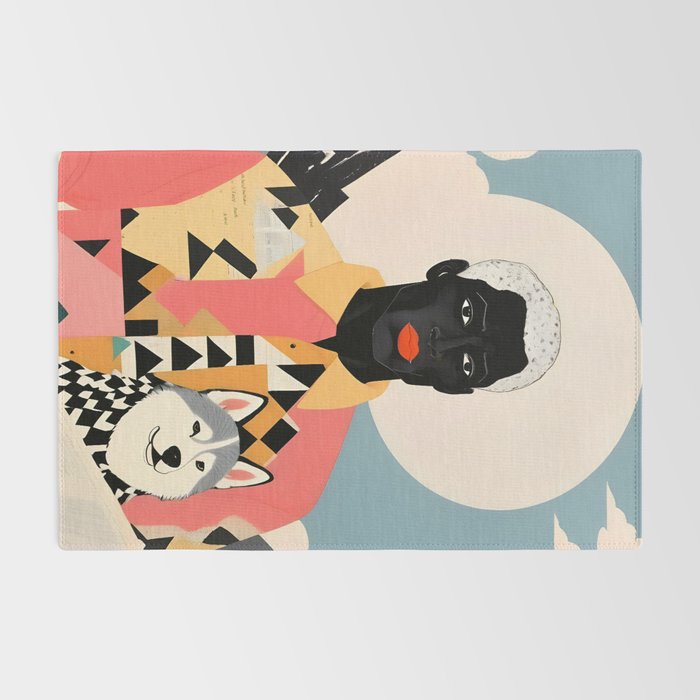 Winter Companion, Dog Pet Black Man Collage, Frosty Snow Mountain Travel Adventure, Eclectic Texture Concept Contemporary Modern Graphic Design Rug Gallery Image 2