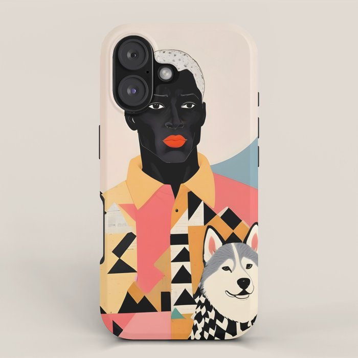 Winter Companion, Dog Pet Black Man Collage, Frosty Snow Mountain Travel Adventure, Eclectic Texture Concept Contemporary Modern Graphic Design iPhone Case Gallery Image 1