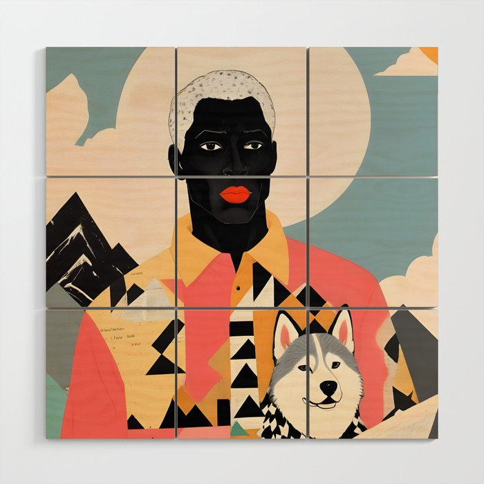 Winter Companion, Dog Pet Black Man Collage, Frosty Snow Mountain Travel Adventure, Eclectic Texture Concept Contemporary Modern Graphic Design Wood Wall Art Gallery Image 1