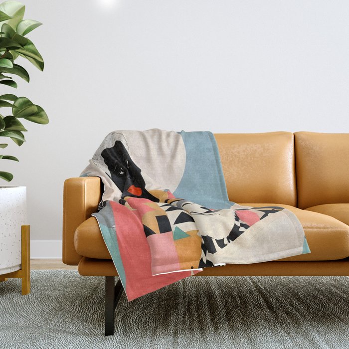 Winter Companion, Dog Pet Black Man Collage, Frosty Snow Mountain Travel Adventure, Eclectic Texture Concept Contemporary Modern Graphic Design Throw Blanket Gallery Image 1