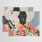 Winter Companion, Dog Pet Black Man Collage, Frosty Snow Mountain Travel Adventure, Eclectic Texture Concept Contemporary Modern Graphic Design Placemat Gallery Image 1