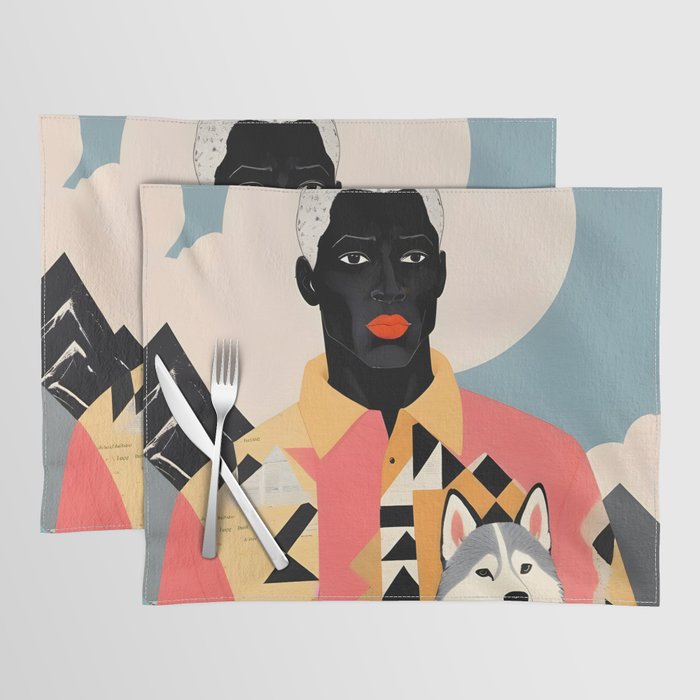 Winter Companion, Dog Pet Black Man Collage, Frosty Snow Mountain Travel Adventure, Eclectic Texture Concept Contemporary Modern Graphic Design Placemat Gallery Image 1