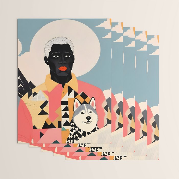 Winter Companion, Dog Pet Black Man Collage, Frosty Snow Mountain Travel Adventure, Eclectic Texture Concept Contemporary Modern Graphic Design Wrapping Paper Gallery Image 3