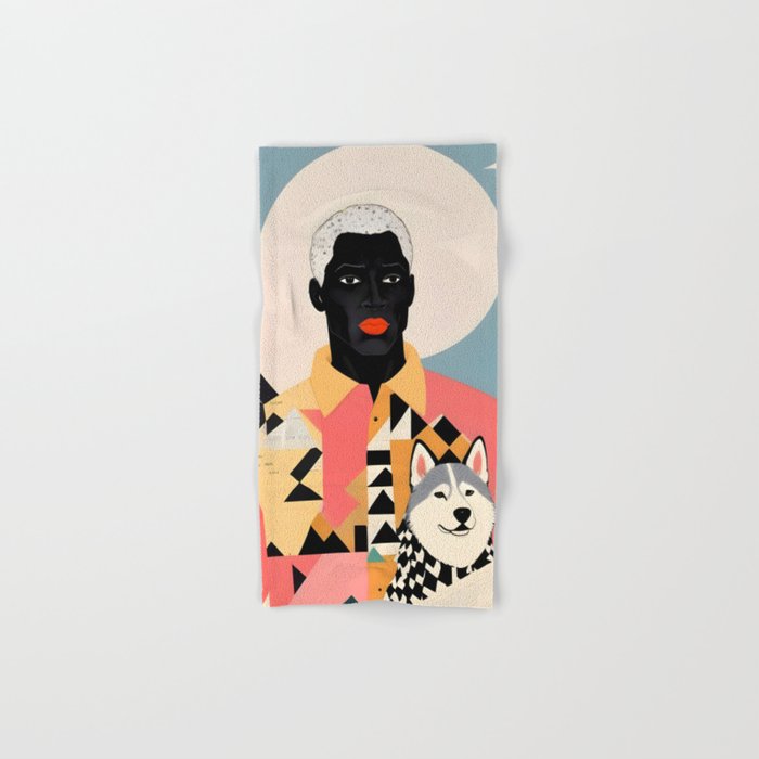 Winter Companion, Dog Pet Black Man Collage, Frosty Snow Mountain Travel Adventure, Eclectic Texture Concept Contemporary Modern Graphic Design Bath Towel Gallery Image 1
