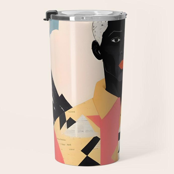 Winter Companion, Dog Pet Black Man Collage, Frosty Snow Mountain Travel Adventure, Eclectic Texture Concept Contemporary Modern Graphic Design Travel Mug Gallery Image 3