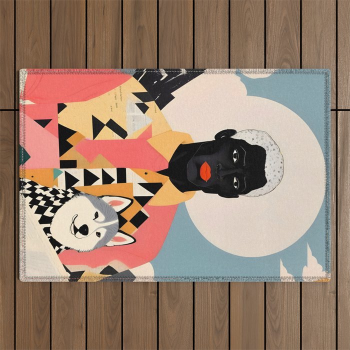 Winter Companion, Dog Pet Black Man Collage, Frosty Snow Mountain Travel Adventure, Eclectic Texture Concept Contemporary Modern Graphic Design Outdoor Rug Gallery Image 1