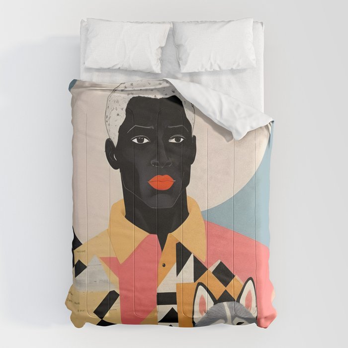 Winter Companion, Dog Pet Black Man Collage, Frosty Snow Mountain Travel Adventure, Eclectic Texture Concept Contemporary Modern Graphic Design Comforter Gallery Image 6