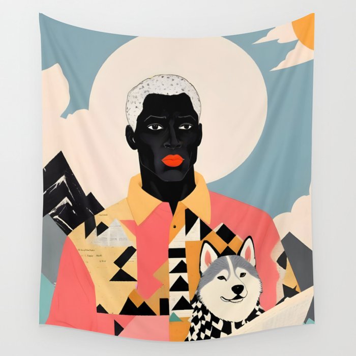 Winter Companion, Dog Pet Black Man Collage, Frosty Snow Mountain Travel Adventure, Eclectic Texture Concept Contemporary Modern Graphic Design Wall Tapestry Gallery Image 1