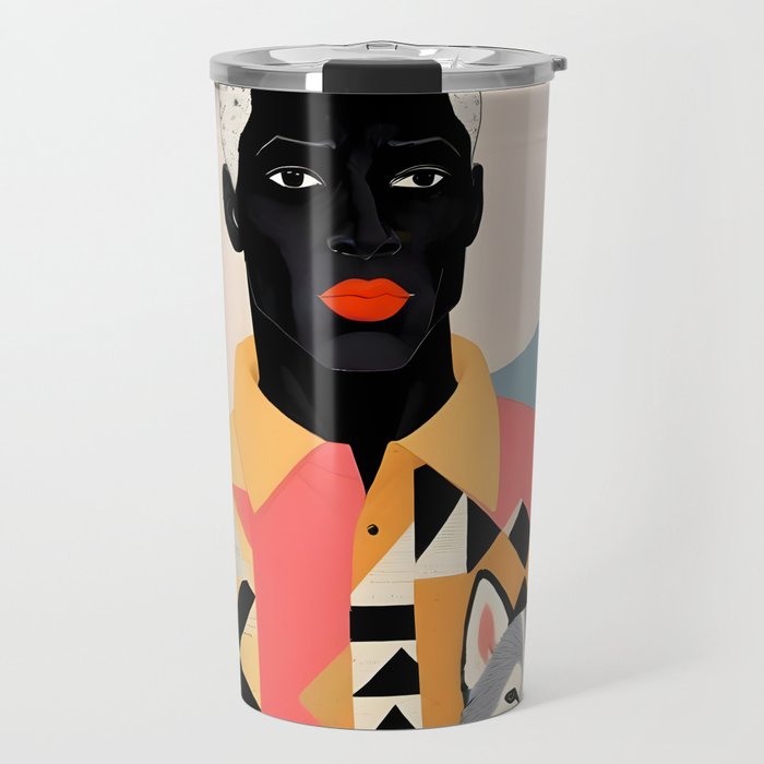 Winter Companion, Dog Pet Black Man Collage, Frosty Snow Mountain Travel Adventure, Eclectic Texture Concept Contemporary Modern Graphic Design Travel Mug Gallery Image 1