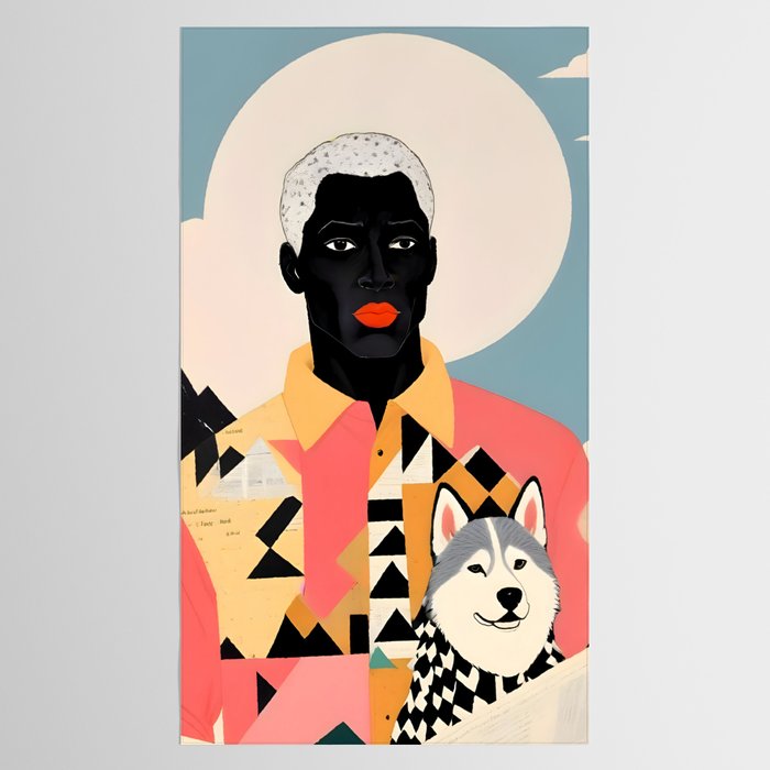 Winter Companion, Dog Pet Black Man Collage, Frosty Snow Mountain Travel Adventure, Eclectic Texture Concept Contemporary Modern Graphic Design Tablecloth Gallery Image 2