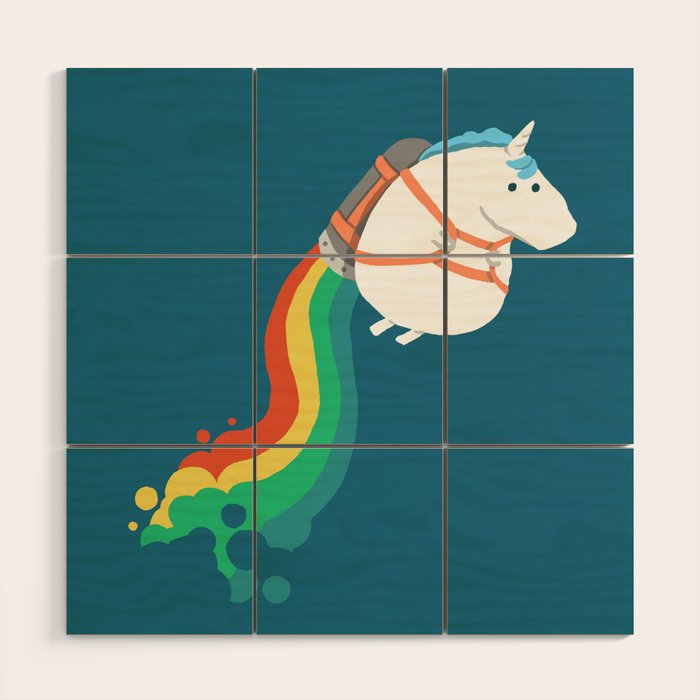 Fat Unicorn on Rainbow Jetpack Wood Wall Art Gallery Image 1