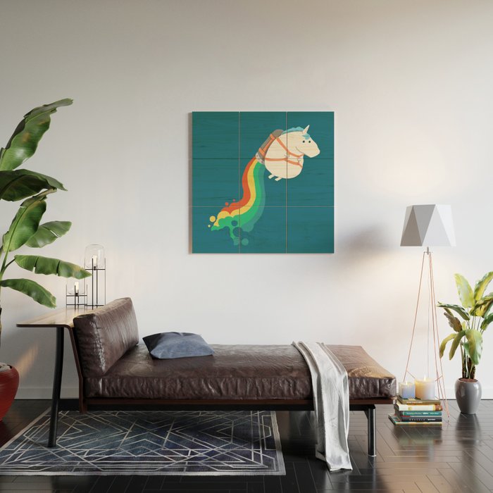 Fat Unicorn on Rainbow Jetpack Wood Wall Art Gallery Image 2