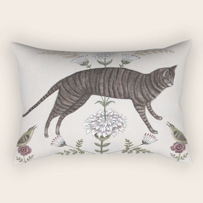 Brown Tabby with Birds Rectangular Pillow Gallery Image 1