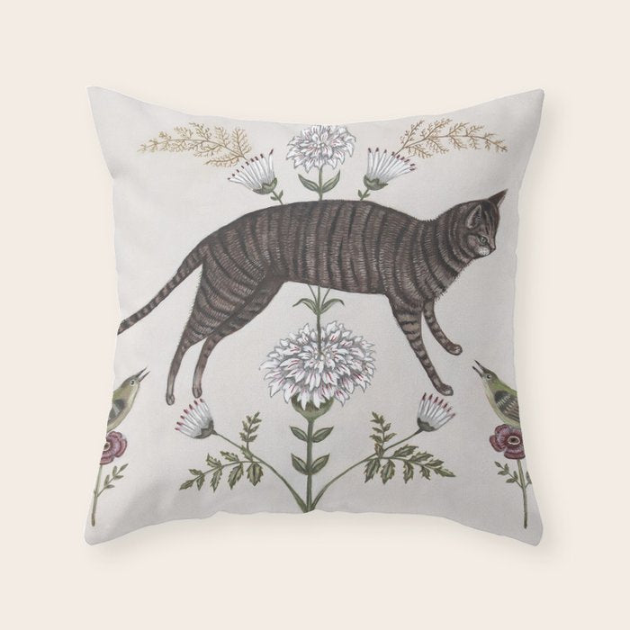 Brown Tabby with Birds Throw Pillow Gallery Image 1