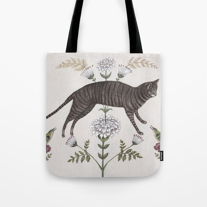 Brown Tabby with Birds Tote Bag Gallery Image 1