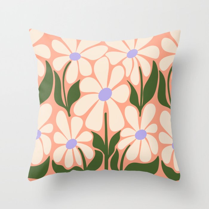 Oh, Daisy! Peach, off-white, purple and green Throw Pillow Gallery Image 1
