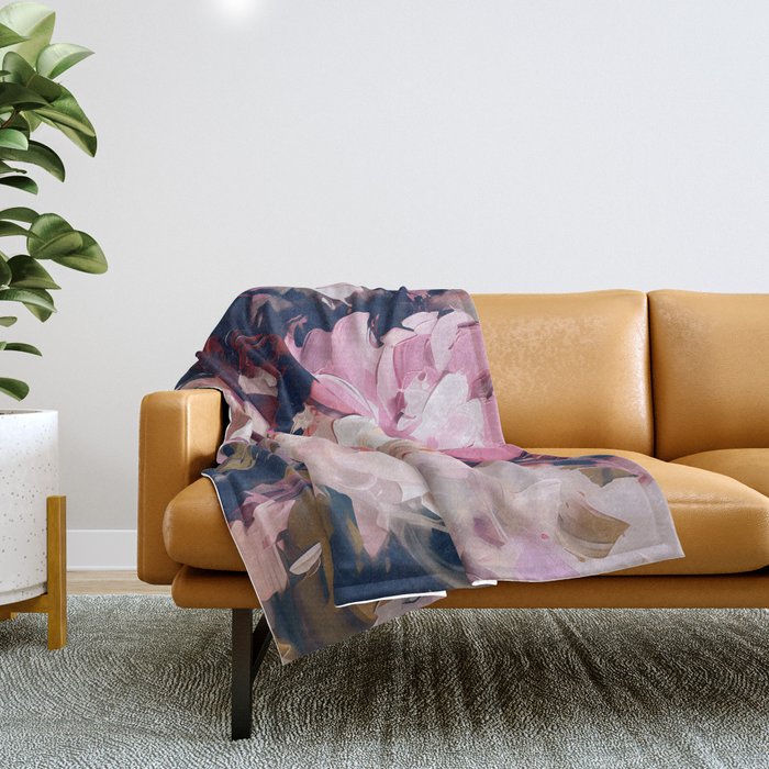 A Splash of Pink and Navy Flowery Art Throw Blanket Gallery Image 1