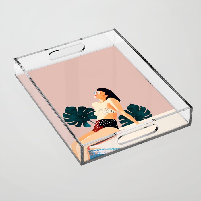 Sunday, Summer Swim Poolside Fashion, Bohemian Woman Sunbath Tan Bikini Monstera Tropical Travel Acrylic Tray Gallery Image 1