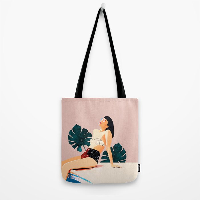 Sunday, Summer Swim Poolside Fashion, Bohemian Woman Sunbath Tan Bikini Monstera Tropical Travel Tote Bag Gallery Image 2