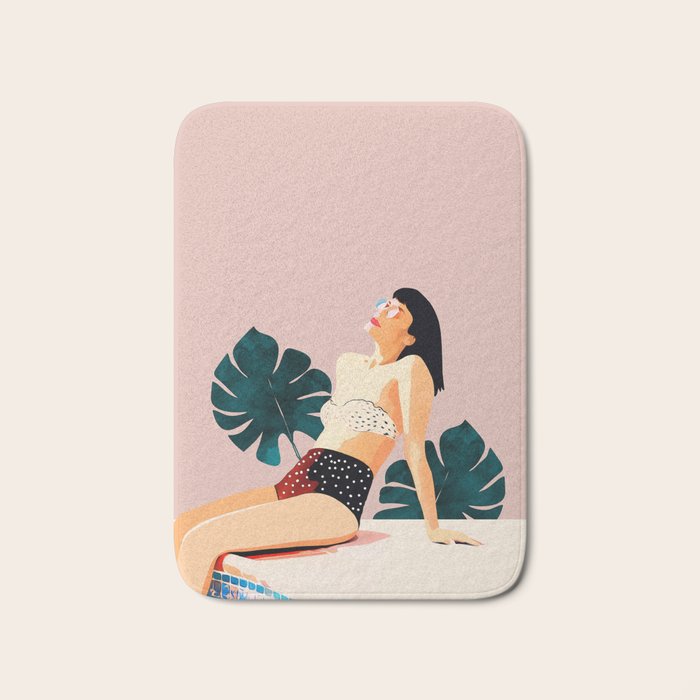 Sunday, Summer Swim Poolside Fashion, Bohemian Woman Sunbath Tan Bikini Monstera Tropical Travel Bath Mat Gallery Image 1
