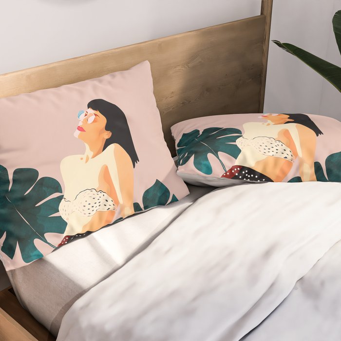 Sunday, Summer Swim Poolside Fashion, Bohemian Woman Sunbath Tan Bikini Monstera Tropical Travel Pillow Sham Gallery Image 2