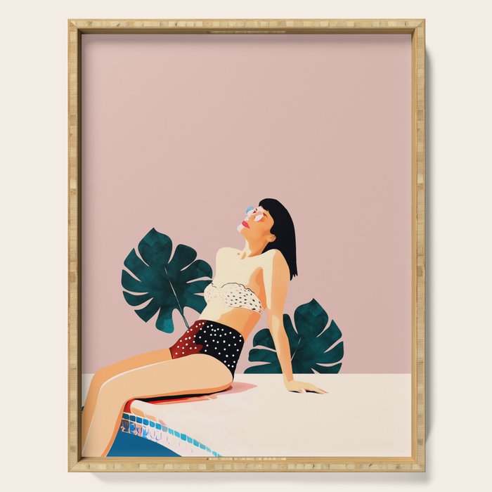 Sunday, Summer Swim Poolside Fashion, Bohemian Woman Sunbath Tan Bikini Monstera Tropical Travel Serving Tray Gallery Image 1