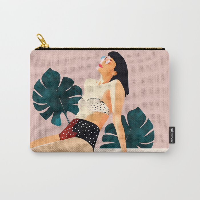 Sunday, Summer Swim Poolside Fashion, Bohemian Woman Sunbath Tan Bikini Monstera Tropical Travel Carry All Pouch Gallery Image 1