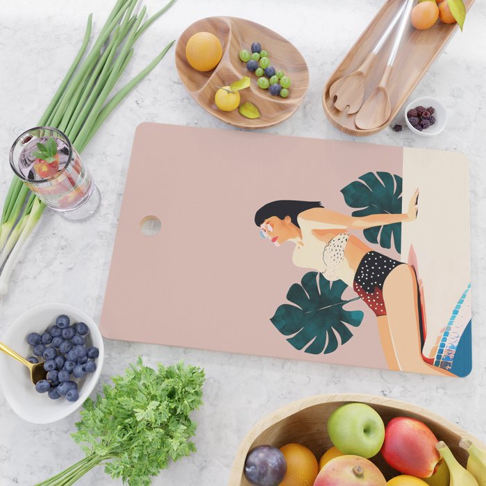 Sunday, Summer Swim Poolside Fashion, Bohemian Woman Sunbath Tan Bikini Monstera Tropical Travel Cutting Board Gallery Image 2