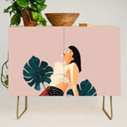 Sunday, Summer Swim Poolside Fashion, Bohemian Woman Sunbath Tan Bikini Monstera Tropical Travel Credenza Gallery Image 1