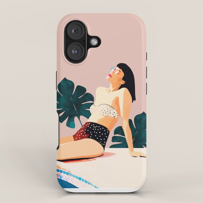 Sunday, Summer Swim Poolside Fashion, Bohemian Woman Sunbath Tan Bikini Monstera Tropical Travel iPhone Case Gallery Image 1