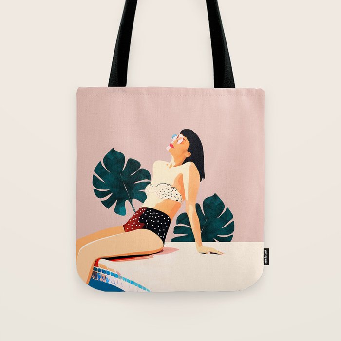 Sunday, Summer Swim Poolside Fashion, Bohemian Woman Sunbath Tan Bikini Monstera Tropical Travel Tote Bag Gallery Image 1