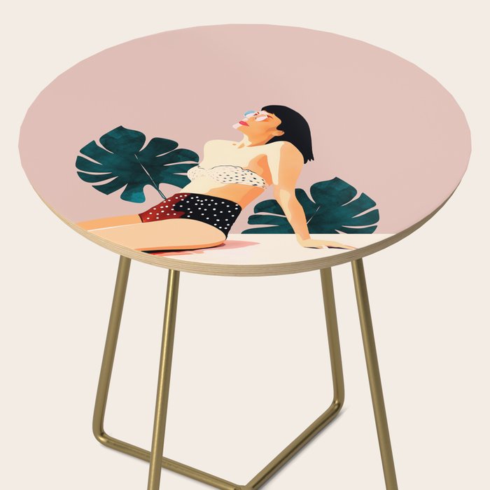 Sunday, Summer Swim Poolside Fashion, Bohemian Woman Sunbath Tan Bikini Monstera Tropical Travel Side Table Gallery Image 2