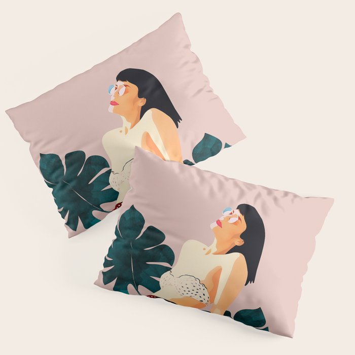 Sunday, Summer Swim Poolside Fashion, Bohemian Woman Sunbath Tan Bikini Monstera Tropical Travel Pillow Sham Gallery Image 3