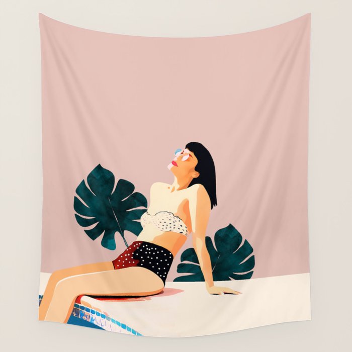 Sunday, Summer Swim Poolside Fashion, Bohemian Woman Sunbath Tan Bikini Monstera Tropical Travel Wall Tapestry Gallery Image 4