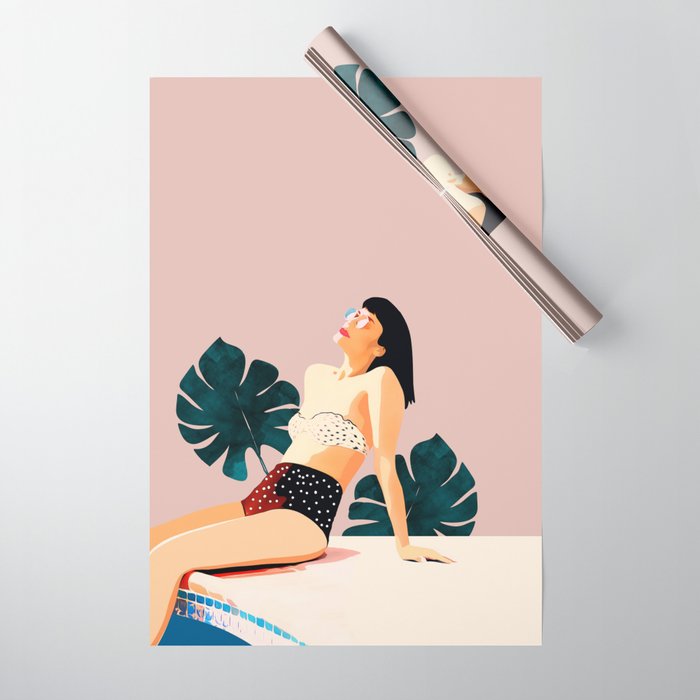 Sunday, Summer Swim Poolside Fashion, Bohemian Woman Sunbath Tan Bikini Monstera Tropical Travel Wrapping Paper Gallery Image 1