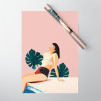 Sunday, Summer Swim Poolside Fashion, Bohemian Woman Sunbath Tan Bikini Monstera Tropical Travel Wrapping Paper Gallery Image 1