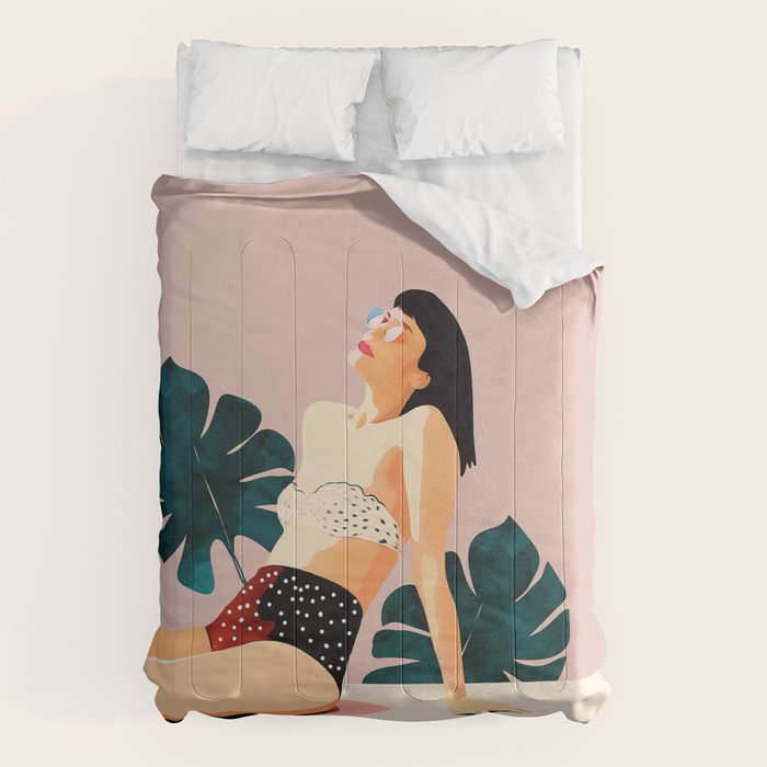 Sunday, Summer Swim Poolside Fashion, Bohemian Woman Sunbath Tan Bikini Monstera Tropical Travel Comforter Gallery Image 6
