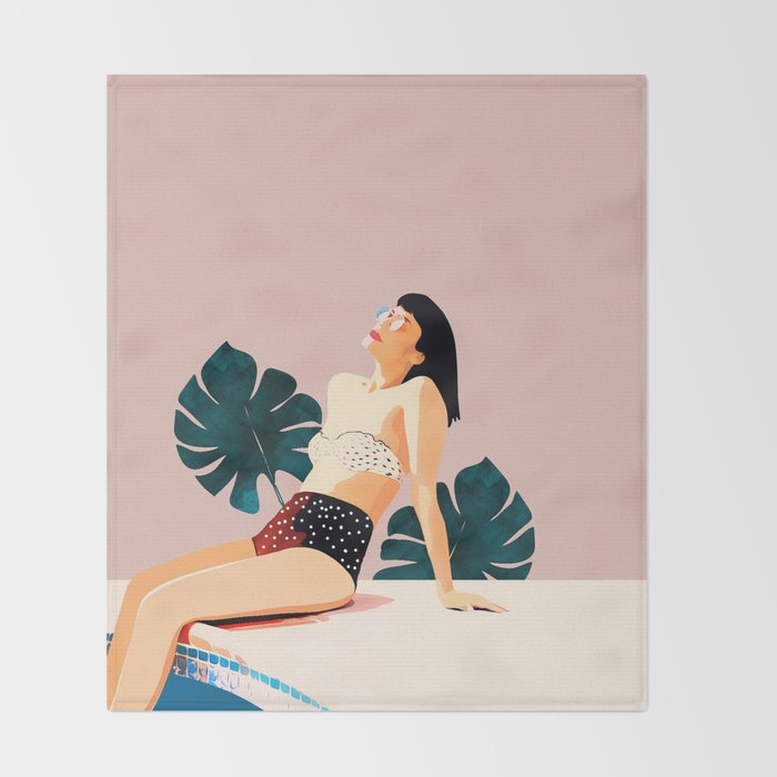 Sunday, Summer Swim Poolside Fashion, Bohemian Woman Sunbath Tan Bikini Monstera Tropical Travel Throw Blanket Gallery Image 2