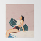 Sunday, Summer Swim Poolside Fashion, Bohemian Woman Sunbath Tan Bikini Monstera Tropical Travel Throw Blanket Gallery Image 2