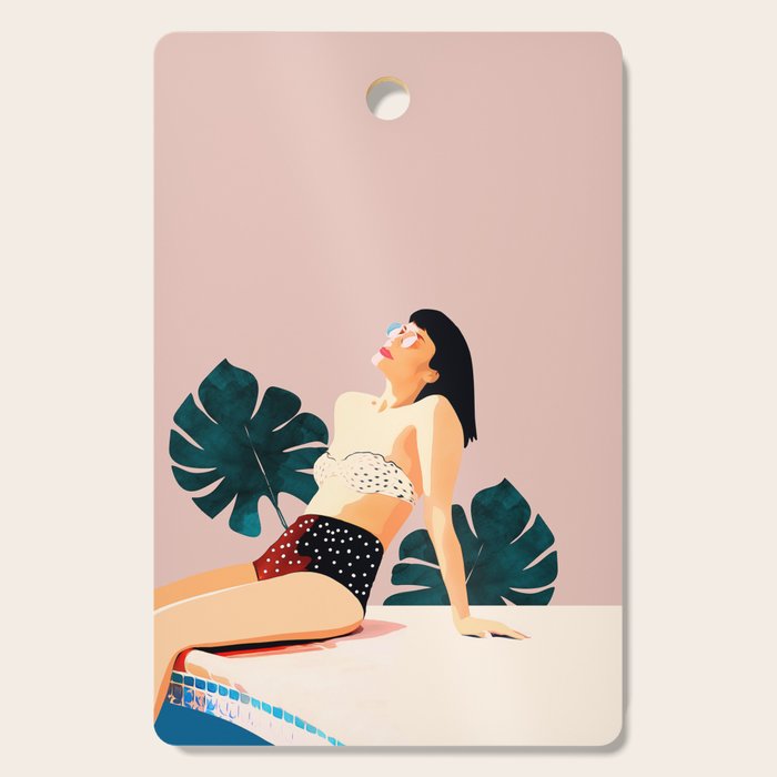 Sunday, Summer Swim Poolside Fashion, Bohemian Woman Sunbath Tan Bikini Monstera Tropical Travel Cutting Board Gallery Image 1