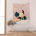 Sunday, Summer Swim Poolside Fashion, Bohemian Woman Sunbath Tan Bikini Monstera Tropical Travel Wall Tapestry Gallery Image 2