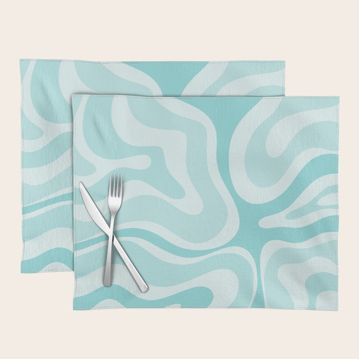 Modern Retro Liquid Swirl Abstract in Light Aqua Teal Blue Placemat Gallery Image 1