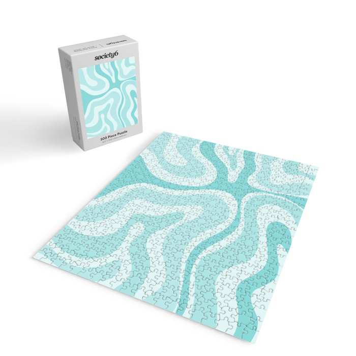 Modern Retro Liquid Swirl Abstract in Light Aqua Teal Blue Jigsaw Puzzle Gallery Image 2