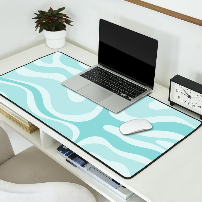 Modern Retro Liquid Swirl Abstract in Light Aqua Teal Blue Desk Mat Gallery Image 2