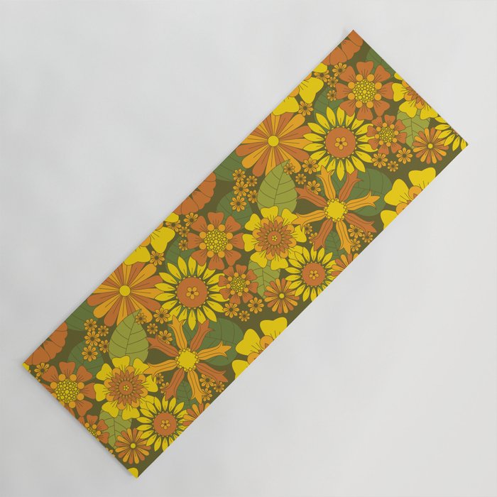 Orange, Brown, Yellow and Green Retro Daisy Pattern Yoga Mat Gallery Image 1