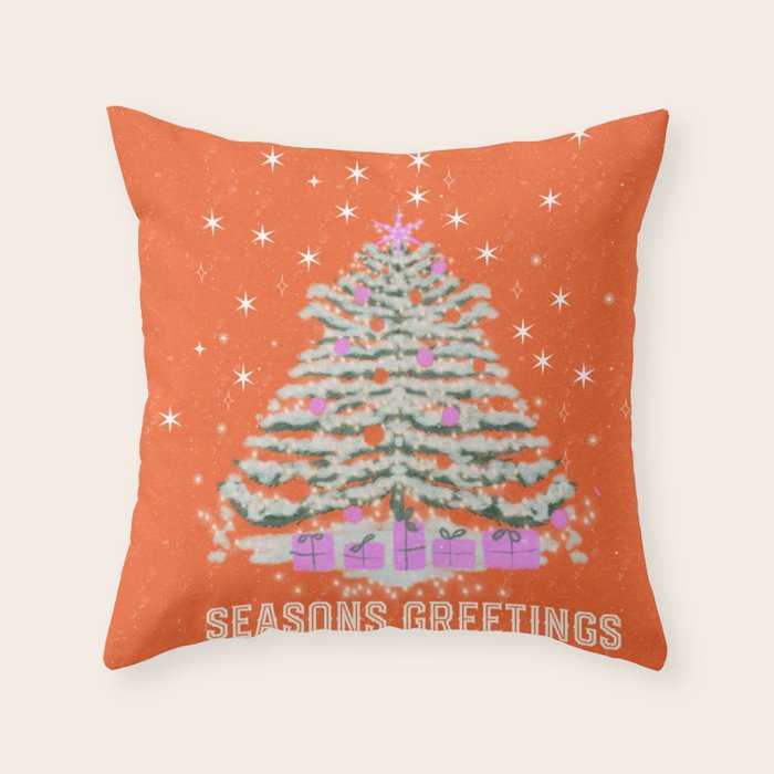 Seasons Greetings Snowy Christmas Tree with Presents Throw Pillow Gallery Image 6