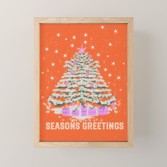 Seasons Greetings Snowy Christmas Tree with Presents Mini Art Print Gallery Image 1