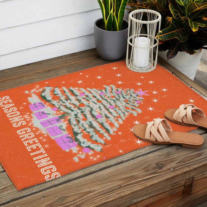 Seasons Greetings Snowy Christmas Tree with Presents Outdoor Rug Gallery Image 2