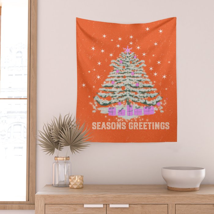 Seasons Greetings Snowy Christmas Tree with Presents Wall Tapestry Gallery Image 2