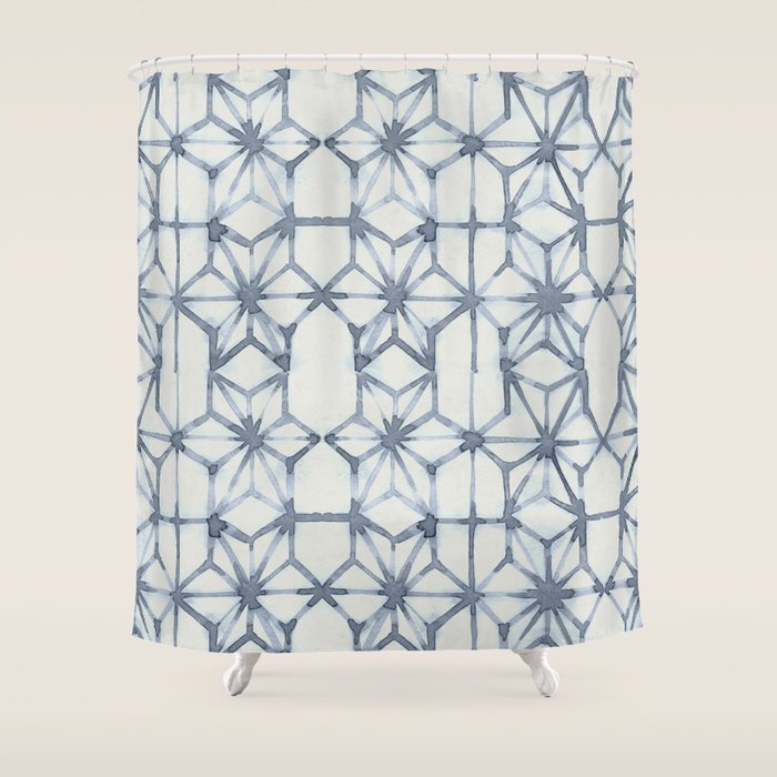 Simply Shibori Stars in Indigo Blue on Lunar Gray Shower Curtain Gallery Image 1